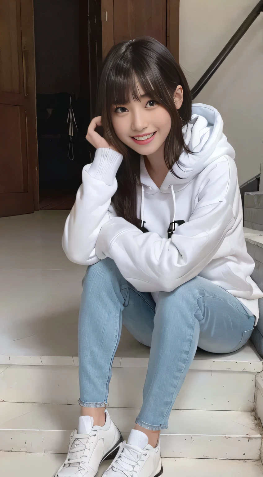 highest quality, Realistic, Very detailed, Finer details, High resolution, 8k wallpaper, One beautiful woman,Sit on the stairs、(Wear black socks)smile、(Beautiful teeth alignment、)(Gums are visible) Oversized hoodie, Skinny jeans,( Black sneakers)、Black Hair、 Beautiful Bangs、ear piercing、Perfect dynamic composition, Beautiful and detailed, Full Body Shot, A big smile