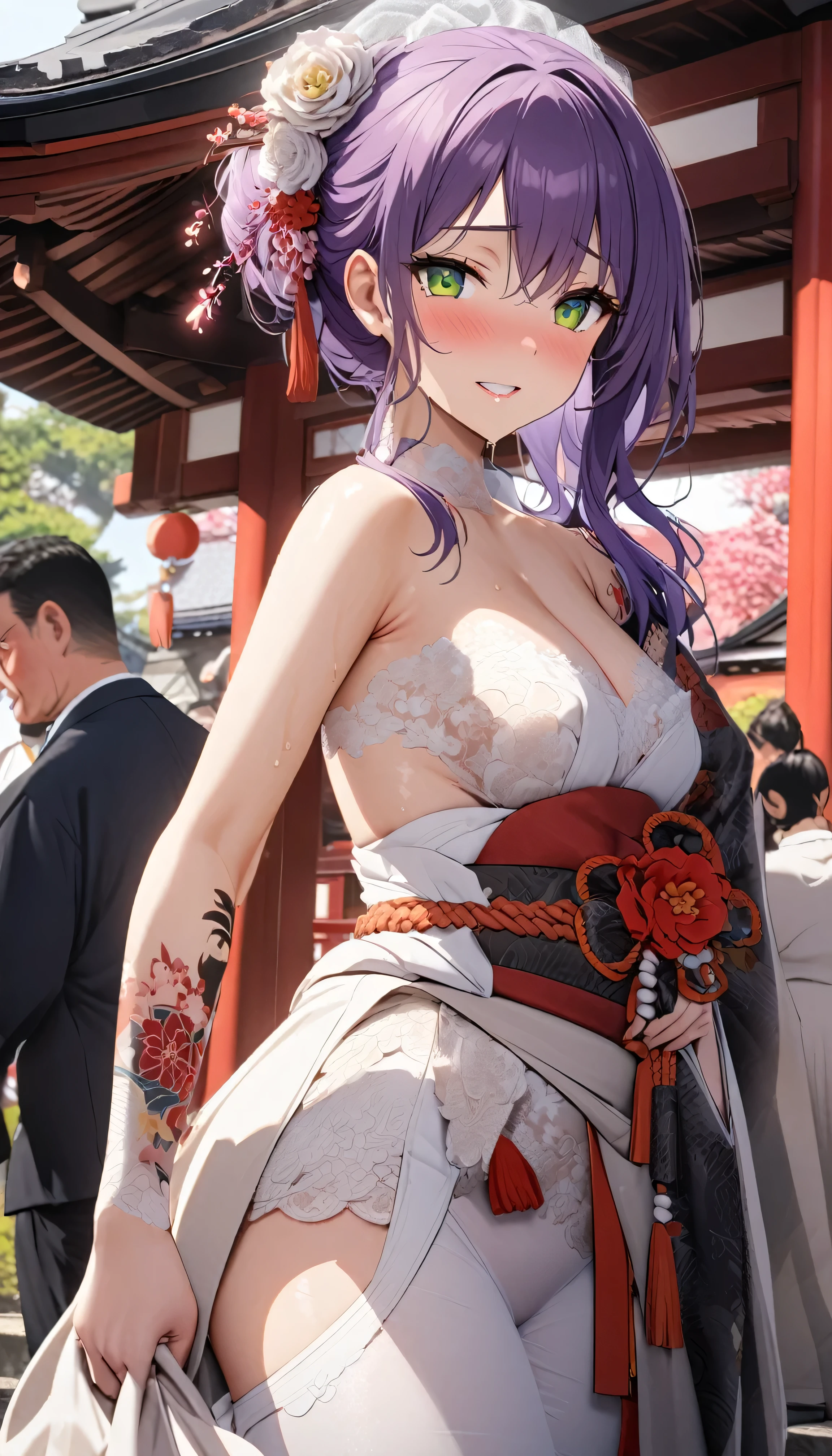 one arafed woman with purple hair and green eyes, japanese tattoo sleeve on her right arm, wedding dress, nsfw, japanese temple