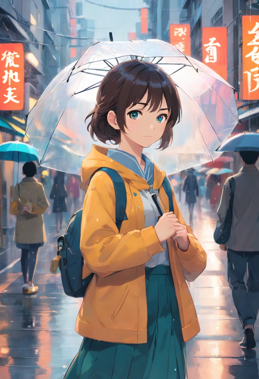 I see a young girl,She wore a light dress,Carry a small bag,Thin hair fluttering in the wind。She has a beautiful face,Eyes are clear and bright。
The girl had a special umbrella,This umbrella is transparent,No frills,The surface of the umbrella is wide and rounded。On a crowded street,Her appearance is different。
The street is lined with pedestrians hurrying past.,Wear different costumes,Busy getting things done。Someone rushed to the office,Someone picked up their backpack and hurried off to school.。These people々walked around her,Noise々As if forming a nice background。
but,このNoise々In a new environment,That girl is different。She walked calmly,under the umbrella, She seems to have entered another space。The transparent raindrops on the surface of the umbrella swayed as she moved.,it is水面にきらめく波紋のようだ。
There was no sign of fatigue on the girl's face.,Instead, Exudes calm and solidity。Her eyes reveal inner thought and depth。She may be searching for her own direction.,She may have been thinking about the meaning of life.。
In this photo, A girl holding a transparent umbrella々Walking through the intersection of,it is、It represents a certain solitude and quietness.。,at the same time, it isまた、It depicts an attractive youthful image.。。