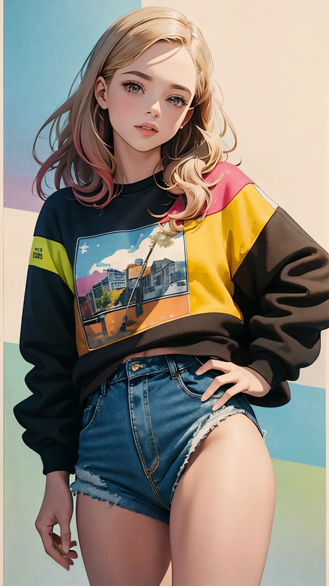 A beautiful young woman, combination of Erin Moriarty, joey king, sydney sweeney, full body portrait, line art, high-quality ink drawing, ultra-detailed, realistic shading, vibrant colors, elegant posture, hanging out, vivid colors, flat image, Looking at the viewer in hip-hop style streetwear, different, colorfull, long, highly colored hair 🌈