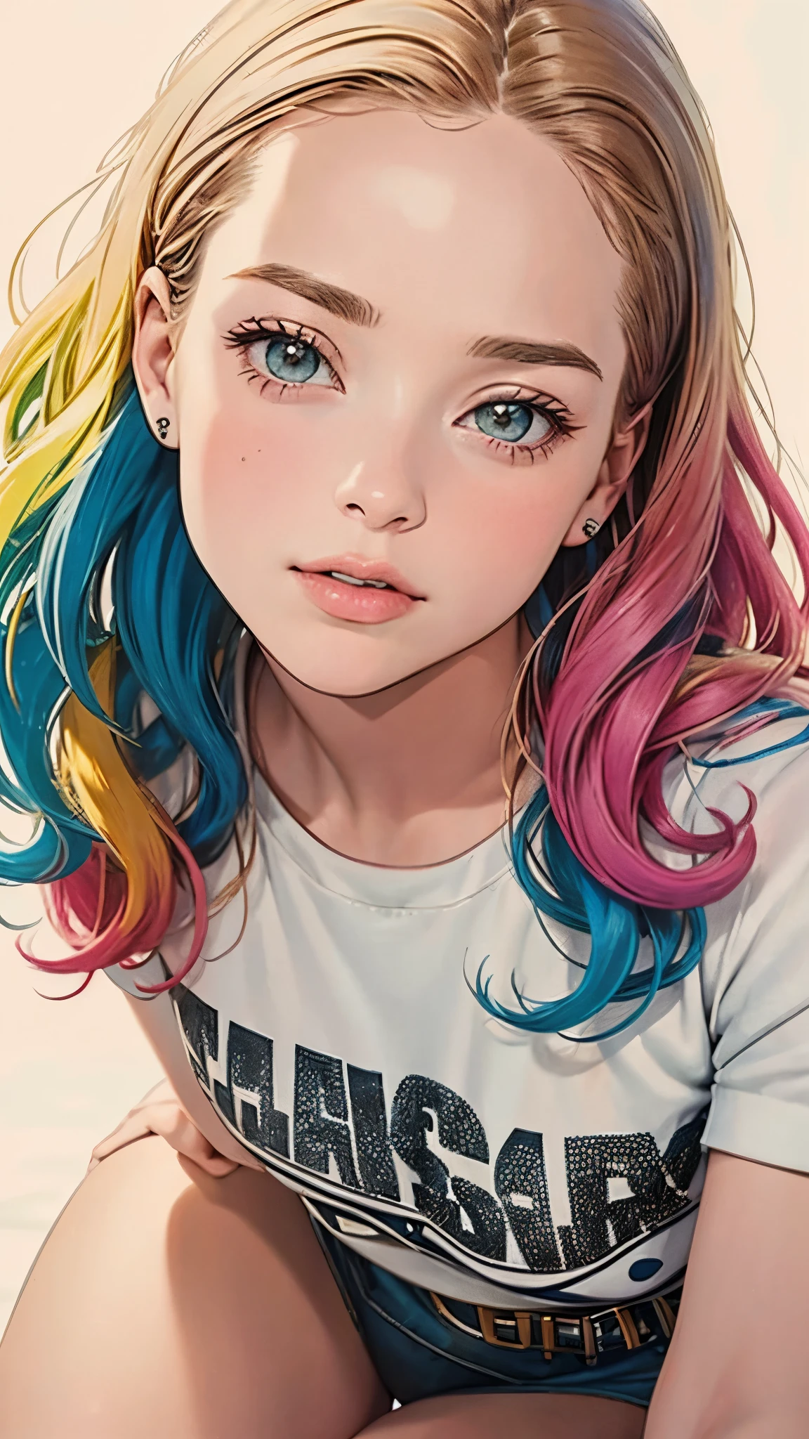 A close up of a girl with colorful hair and a white shirt - SeaArt AI