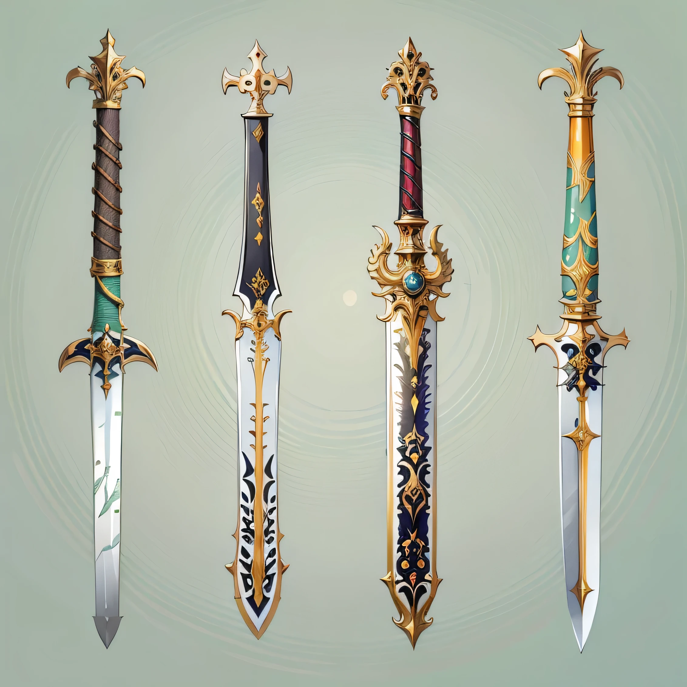 (((best quality))), (((masterpiece))), Weapons to be included in the Weapon Encyclopedia, Two-handed sword, big knife, oriental weapons, white background, Crisp Lines, Colorful colors,