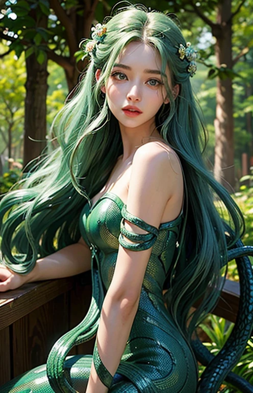 ((highest quality)), ((masterpiece)), ((Realistic)), Medusa, whole body, Her hair is made up of countless tiny snakes, Green Eyes, Woman's face, Metal Engraving Top, Royal Aura, Art Station Trends , Sharp focus, Studio Photo, Intricate details, Very detailed, Detailed eyes, figure, Very detailed, Sharp focus, Digital Rendering, Professional, 4K