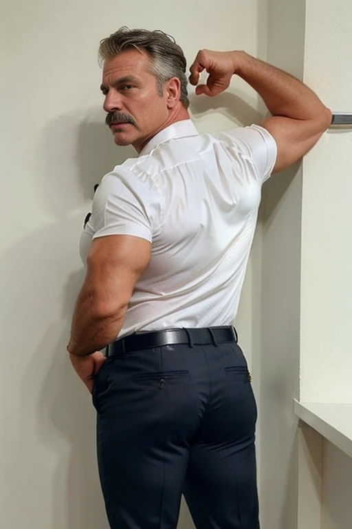 age 60, white man police detective with a mature, backside, kind demeanor, strong and muscular yet chubby build, mustache, wearing dress pants and a buttoned-open translucent shirt that reveals a hairy chest and a noticeable bulge, wearing detective badge on belt, giving off a hint of a horny yet disgusting aura, completing the look with comfortable loafers. Thong backside backside 