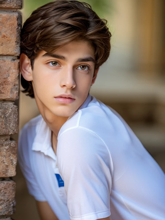A 14 year old boy, hermoso, facciones finas, rasgos lindos, rasgos europeos, piel blanca, ojos azules, light brown hair, mirada triste y pensativa, pecho agradable desnudo y definido, toples, piernas fuertes musculosas desnudas, masculino