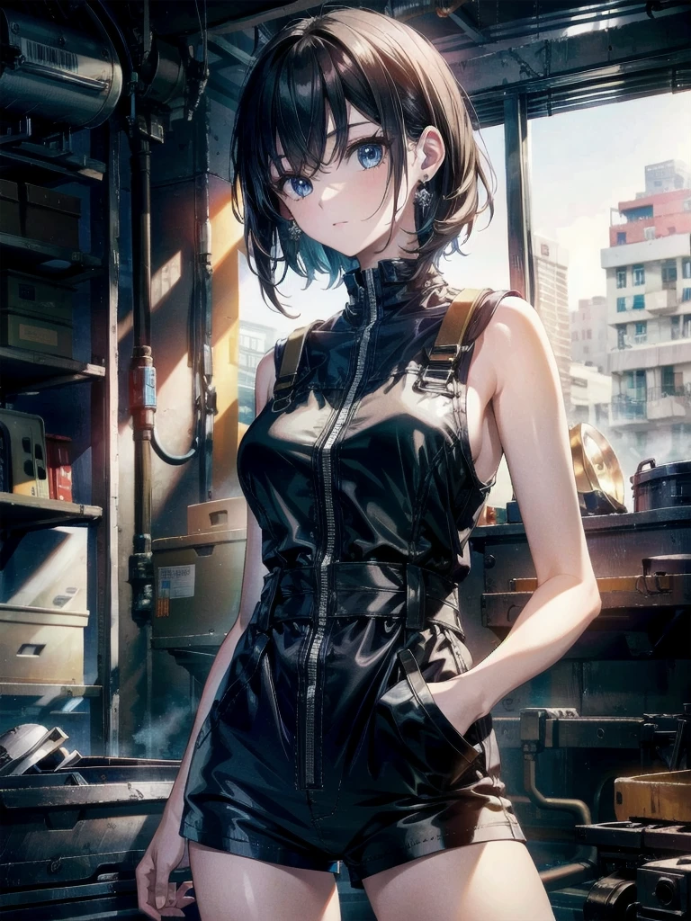 whole body, mechanic's jumpsuit, absurdres, RAW photo, extremely delicate and beautiful, masterpiece, Best Quality, ultra high resolution, 32k, hyperrealistic, ultra-detailed, detailed description, pale skin, 20 years old, detailed beautiful face and eyes, tearful mole, earring, Colossal tits, short medium hair, wavy hair, shorts, sleeveless,