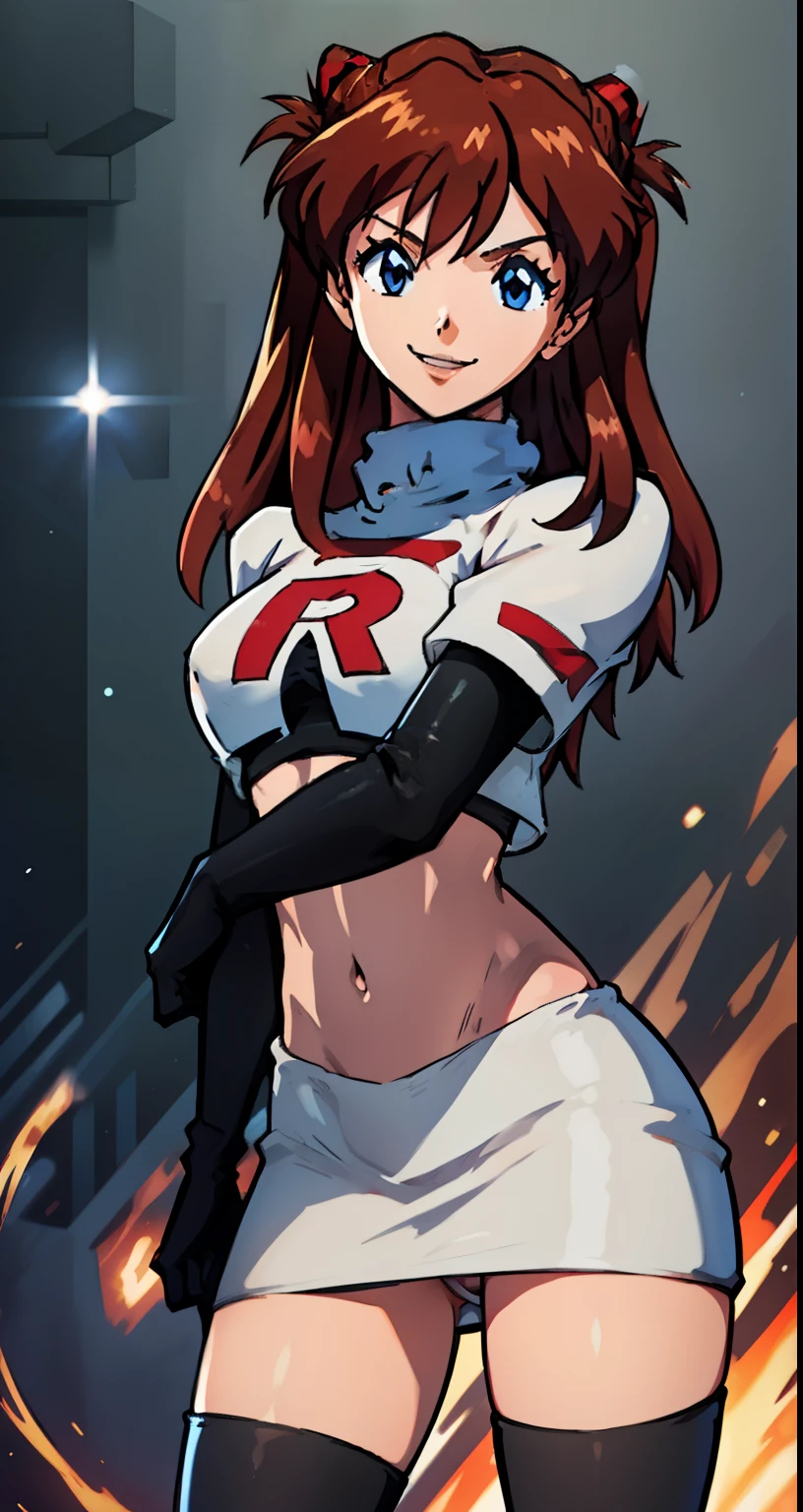 high resolution、real photo、realistic、In uniform、⁵Rise Kujikawa (people々) ,Glossy Lips ,White 、Team Rocket uniform, Red letter R, White Skirt,White crop top,Black thigh-high boots, Black elbow gloves, Wicked Smile, Looking at the audience, Cowboy Shot