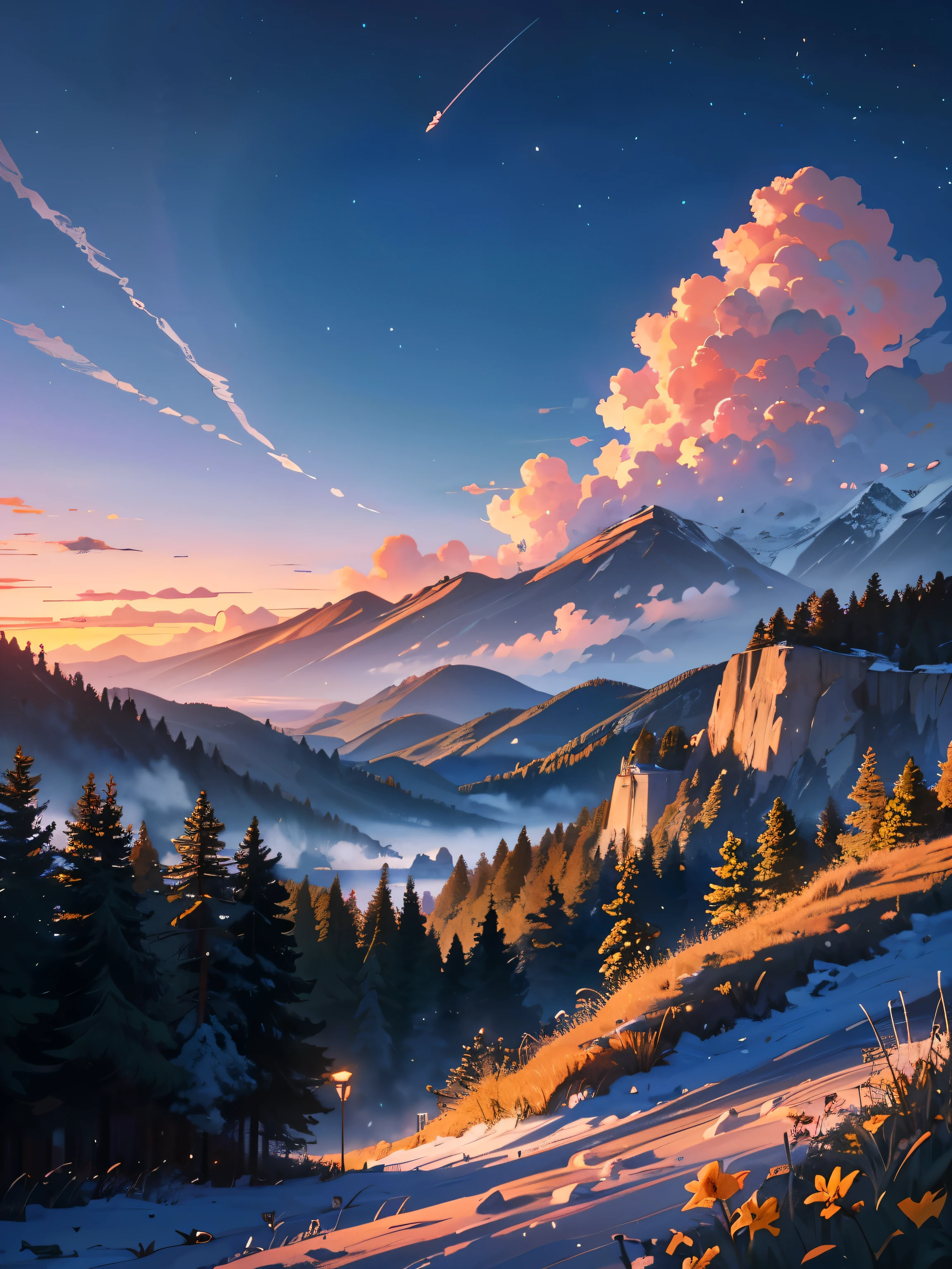 Summer, Makoto Shinka, concept art, tumblr, magic realism, beautiful anime scenes, beautiful skies, nature, trees, flowers and places, mountains, anime background art, anime backgrounds, Makoto Shinkas style, anime movie backgrounds, galaxy express, glittery sky