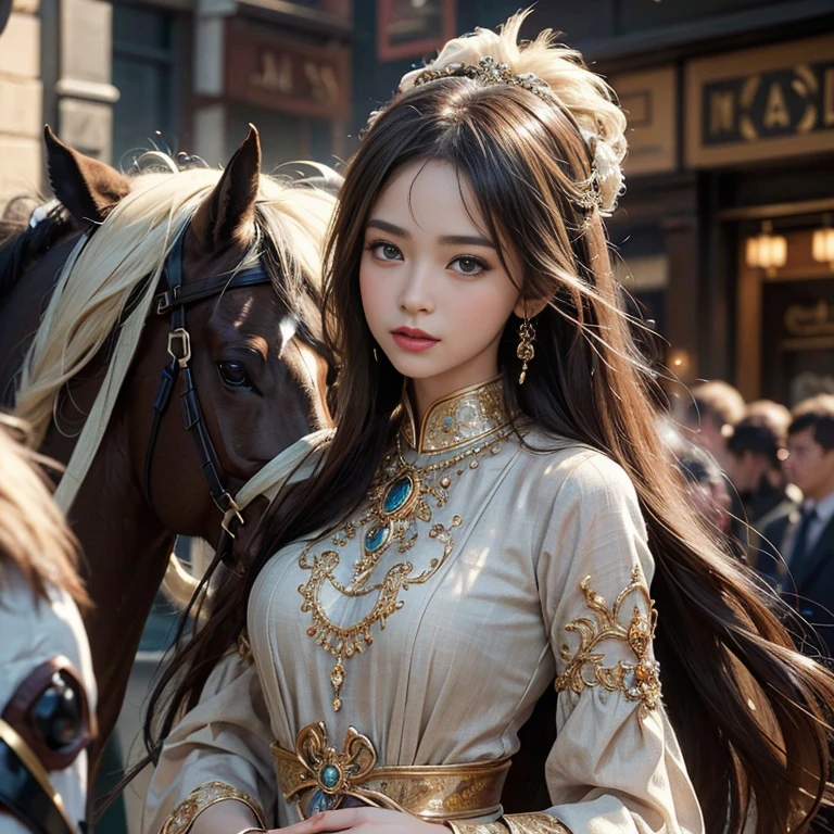 As a high-resolution image of a horse on the busy street of Baker Street. This horse boasts exquisite detailing and a vintage aesthetic., Capturing the essence of a bygone era. rider, Hair fluttering in the wind, They run confidently through the crowded streets.、It gives me joy and happiness。.
Focus on the highest quality, An image made to be a masterpiece in itself. Boasting 8K resolution, Perfectly capture every intricate detail、can be displayed. The image quality is unparalleled, Create a visually stunning experience for your audience. The overall image exudes an award-winning aura.,
The face is at the center of the image, Drawn with meticulous attention to detail. All Contours, Features, Facial expressions are captured with great accuracy. Viewers can immerse themselves in ultra-high resolution detailed faces, Marvel at the vivid depictions. eye, especially, It is an attractive focal point, Shining with stunning detail and realism.
Add depth and visual interest, The ancient Islamic costumes worn give off an exotic vibe., enhancing the overall aesthetic of the image. Tatoo in the chest gives attractive charm, Symbolize their attractive personality.
The color palette of the image is、Carefully selected to evoke a nostalgic and timeless atmosphere。.