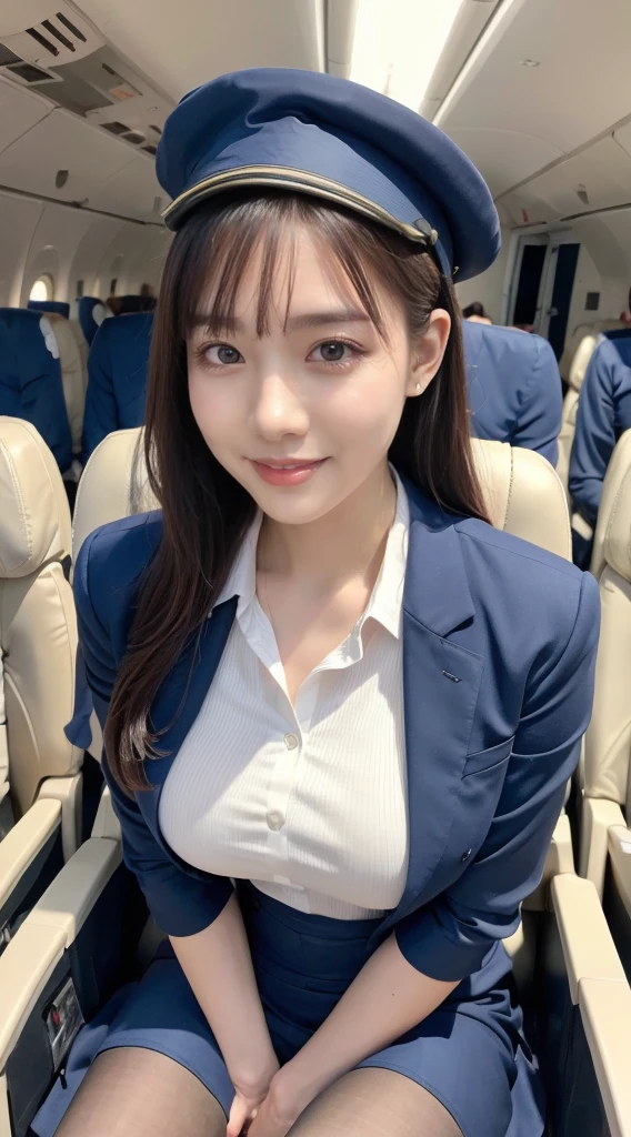 (8K, best quality, masterpiece:1.2), (realistic, photo-realistic:1.37), (high color saturation:1.0), (highly detailed skin), (highest quality:1.0), (ultra high resolution:1.0) ,(realistic:1.0), (Super detailed:1.0), (8K, Raw photo:1.1)、standing random pose, smiling, natural breast, perfect lighting, 3girls, 24years old, (mysterious), clear and detailed, ((ANA_Cabin Crew, blue flight attendant_uniform)), beige pantyhose, (aircraft, aircraft seats), cute face, squat , (pick up pen),