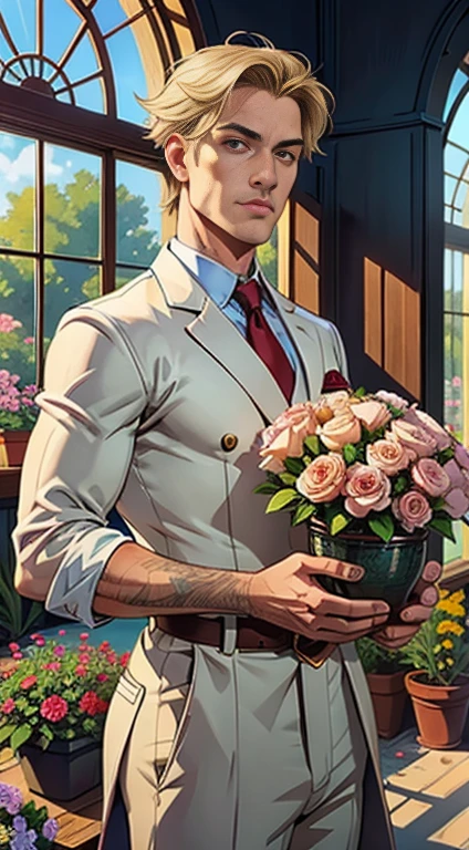 extremely delicate and beautiful, Amazing, finely detail, masterpiece, ultra-detailed, highres,best illustration, best shadow,intricate,sharp focus,  high quality, 1male, solo, blond hair. red eyes, kaveh genshin impact, glass greenhouse, flowers in pots, flowers for sale, man looking at flowers, flowers everywhere