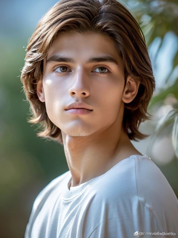 A boy, hermoso, facciones finas, rasgos lindos, rasgos europeos, piel blanca, ojos azules, light brown hair, mirada triste y pensativa, pecho agradable desnudo y definido, toples, piernas fuertes musculosas desnudas, masculino