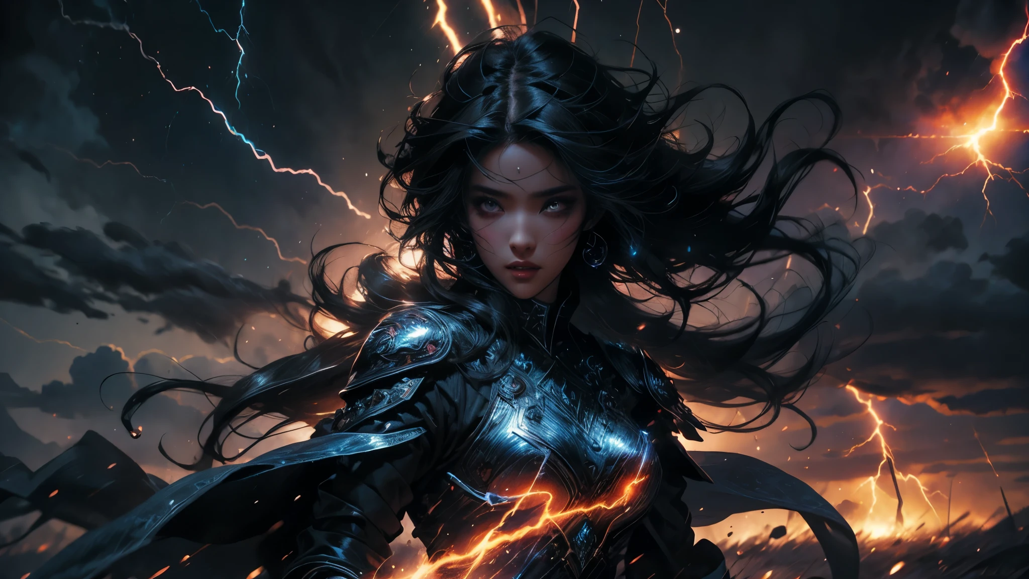 mujer hermosa, cabello negro soplando en el viento, ojos negros, dressed as a warrior, Lightning bolts, ethereal, magic sparks, muchos movimientos, illustration, fuego. epic