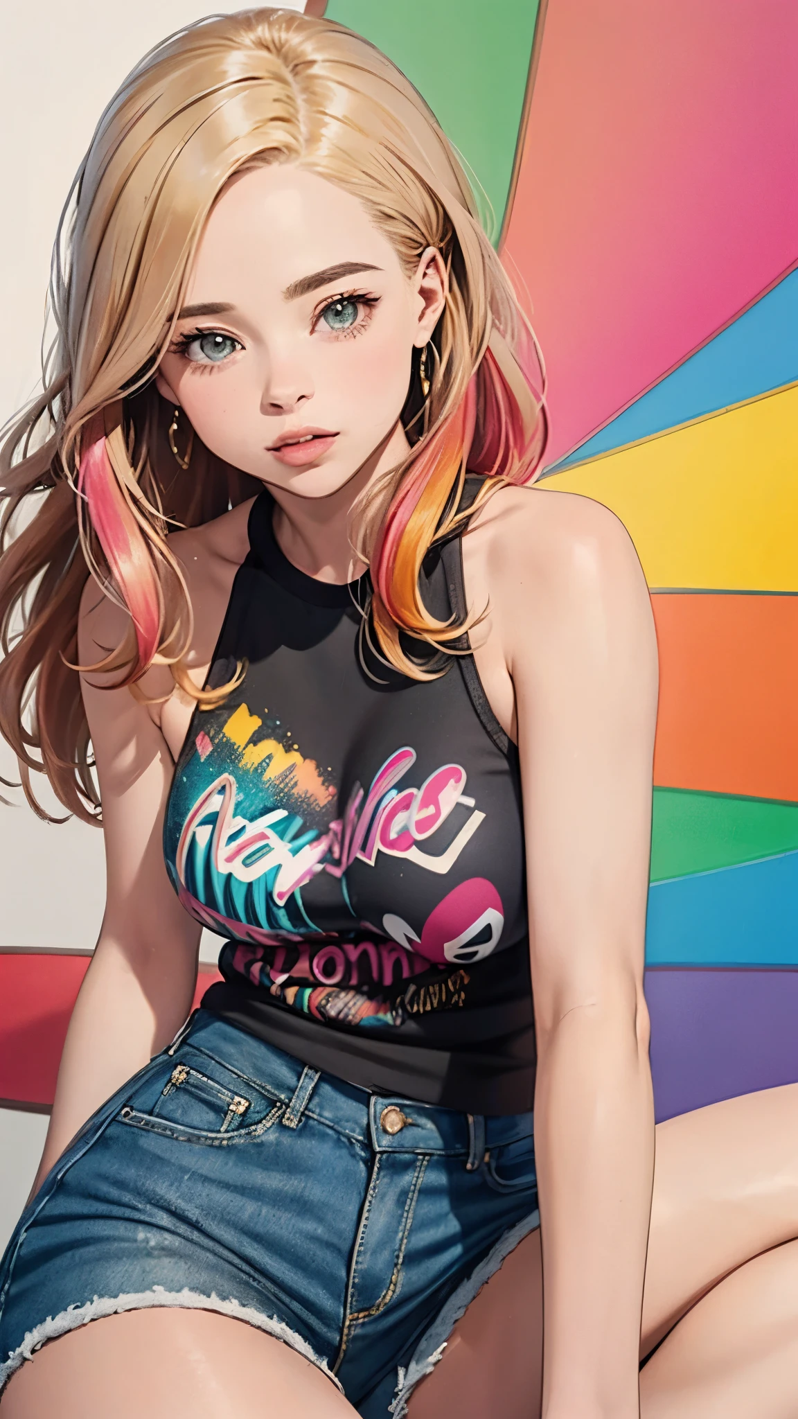 ((A beautiful young woman, combination of Erin Moriarty:0.9, joey king:1, sydney sweeney:1.3,)) full body portrait, line art, high-quality ink drawing, ultra-detailed, realistic shading, vibrant colors, elegant posture, hanging out, vivid colors, flat image, Looking at the viewer in hip-hop style streetwear, different, colorfull, long, highly colored hair 🌈