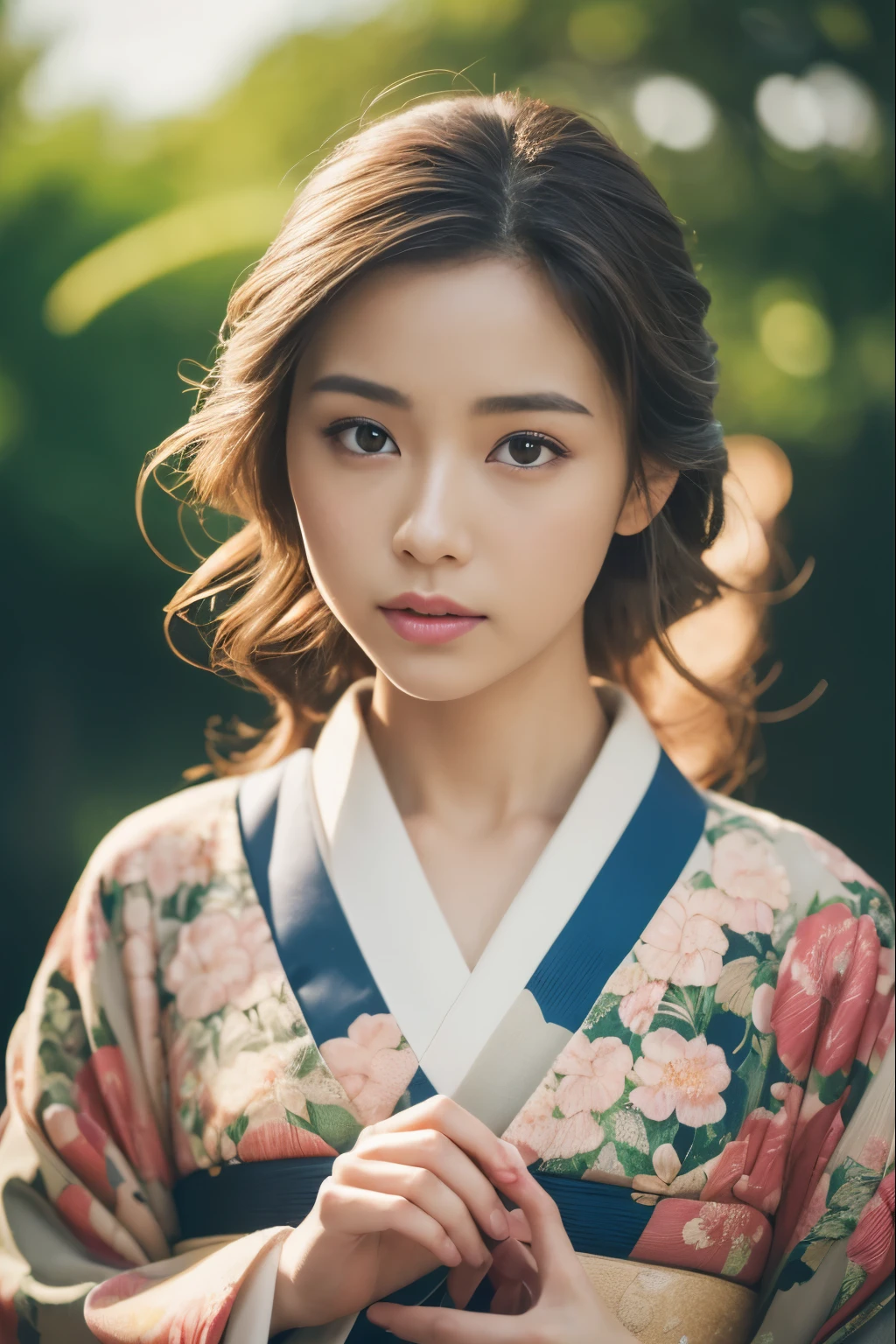 (masutepiece:1.2), ultra-detailliert, 超A high resolution, (Realistic, photographrealistic:1.37), high-definition RAW color photography, professional photograpy, extremely delicate and beautiful, Extremely detailed, 8K Wallpaper, amazing, finely detail, Huge file size, highly detailed beautiful girl, extra detailed face, extremely detailed eye, highlydetailed skin, extremely detailed fingers, highly detailed nose, highly detail mouth, Perfect Anatomy, Highly detailed background, (a famous actress of Japan:1.2), Brown hair, Tanned skin, (gals:1.3), Cinematic lighting, (Full body:1.3), (Floral kimono:1.3),