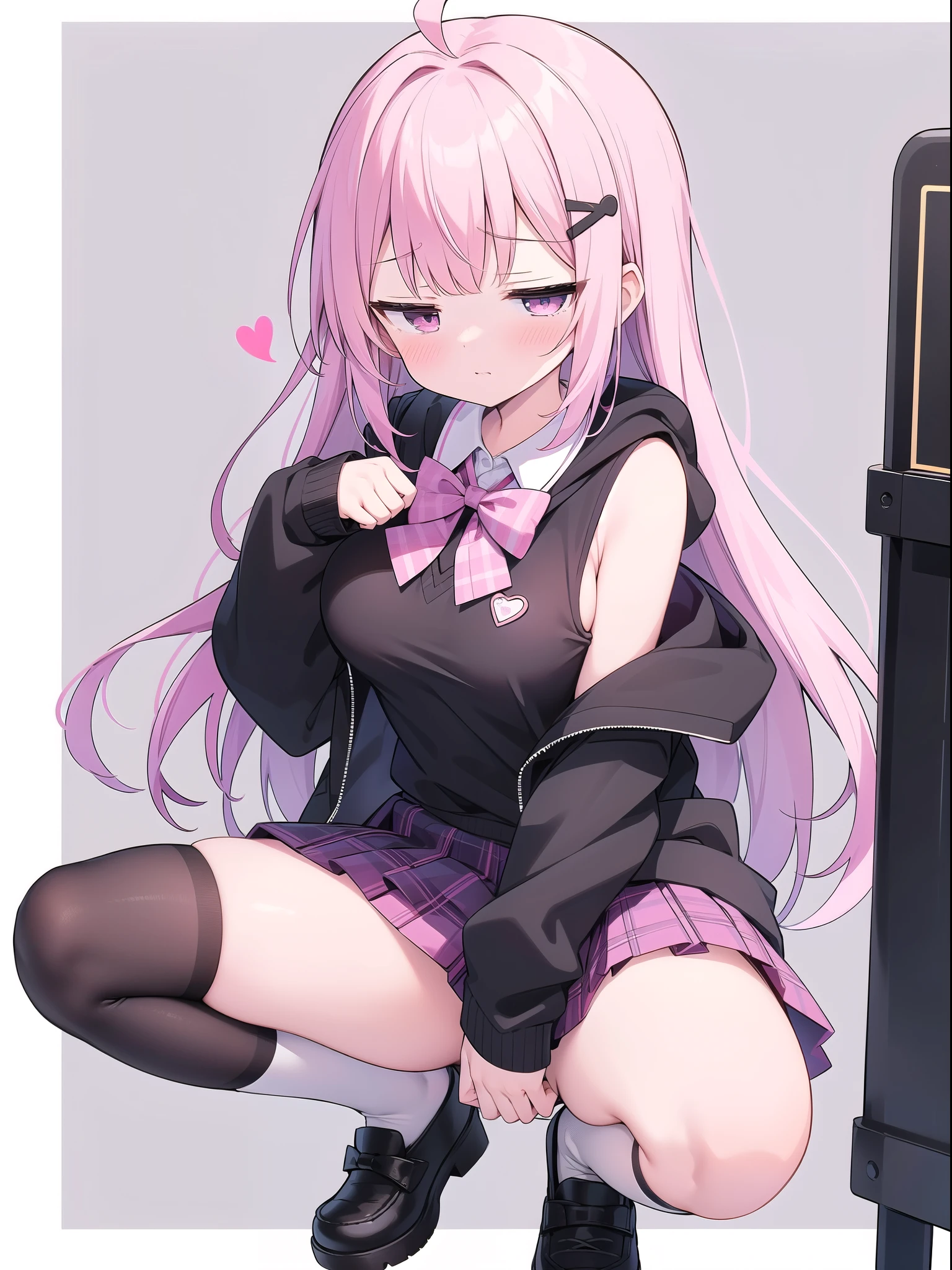 Spread legs squatting side boob side boob side boob big breasts,High Resolution 1girl Ahoge Bobby_pin bow bowtie braid brOwn_目s collared_shirt dojikko_Temporarily stop_shirt frilled_shirt_Color Free Joint_skirt frills hair_bow hair_ornament hairpin hand_in addition_Own_head, heart, heart_hair_Decorative hood_jacket jacket lin additiong_Pentagon Pink_hair plaid plaid_Ribbon Check_Pleated skirt_skirt shirt shoelaces shoes simple_background sitting skirt solo star_(symbol) twin_Braided Warisa White_Background bus stop_Knee socks, whole body