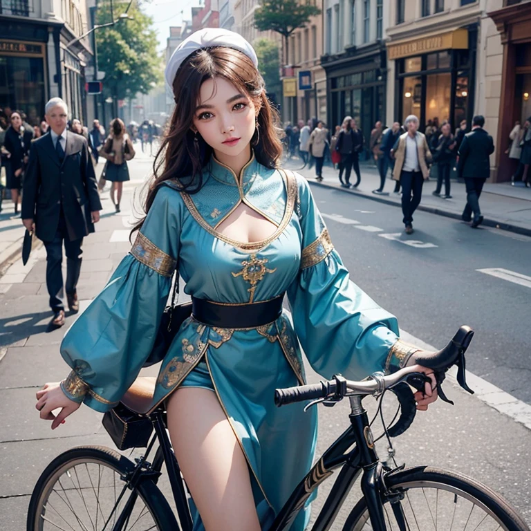 As a high-resolution image of an antique bicycle parked on the busy street of Baker Street. This bike boasts exquisite detailing and a vintage aesthetic., Capturing the essence of a bygone era. rider, Hair fluttering in the wind, They run confidently through the crowded streets.、It gives me joy and happiness。.
Focus on the highest quality, An image made to be a masterpiece in itself. Boasting 8K resolution, Perfectly capture every intricate detail、can be displayed. The image quality is unparalleled, Create a visually stunning experience for your audience. The overall image exudes an award-winning aura.,
The face is at the center of the image, Drawn with meticulous attention to detail. All Contours, Features, Facial expressions are captured with great accuracy. Viewers can immerse themselves in ultra-high resolution detailed faces, Marvel at the vivid depictions. eye, especially, It is an attractive focal point, Shining with stunning detail and realism.
Add depth and visual interest, The ancient Islamic costumes worn give off an exotic vibe., enhancing the overall aesthetic of the image. Tatoo in the chest gives attractive charm, Symbolize their attractive personality.
The color palette of the image is、Carefully selected to evoke a nostalgic and timeless atmosphere。.