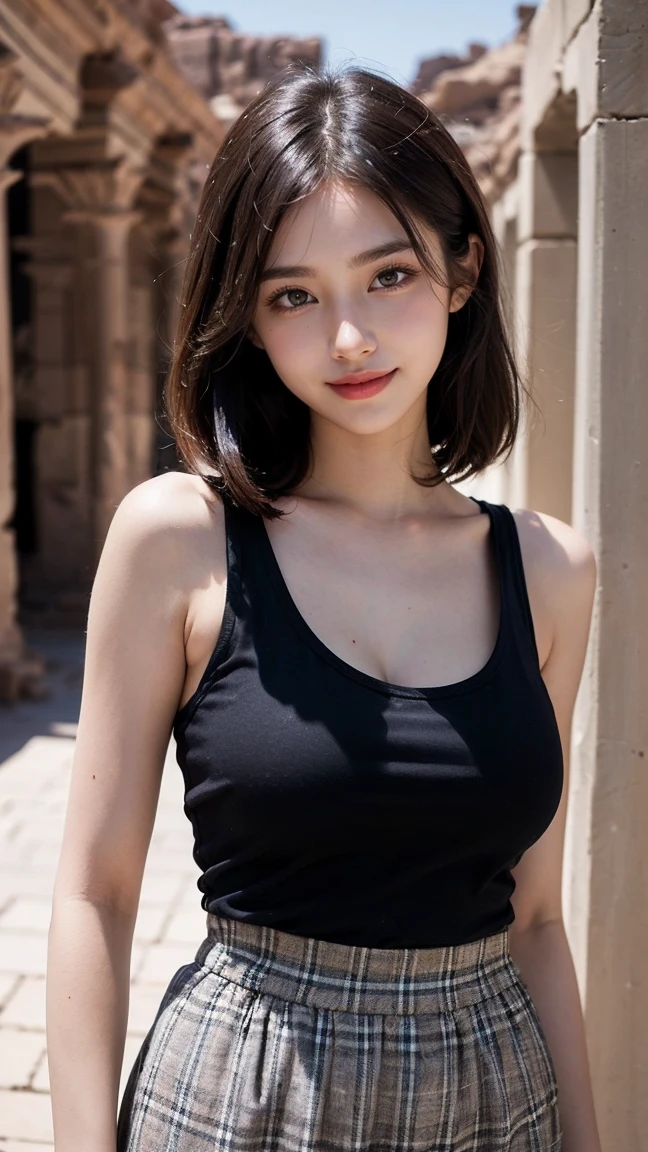 Top-quality Realistic,Official art,Highly detailed CG Unity 8k wallpaper,ultra-detailliert,hight resolution,Physically-based rendering,Magnificat,finely detail,masterpiece,Best Quality,ultra detailed,Mature beauty,Beautiful women,1girl,moist lips,sexy lips,Sexy smile,Gentle smile, 20 years old, Beautiful bare skin,Smooth bare skin, big well-shaped breasts, beautiful cleavage,beautiful Mature body,swept bangs,(Medium hair:1.3), beautiful detailed eyes,model shoot style,Japanese Idol,Half-body, ((Standing with the ancient ruins of Petra El Kazne in the background)),BREAK,((baggy clothes black tank top)),((plaid culotte pants)),Standing model pose,Delicately expressed eyes,cute smile,(breast hold), A gentle smile like a goddess,((Extreme close-up)),