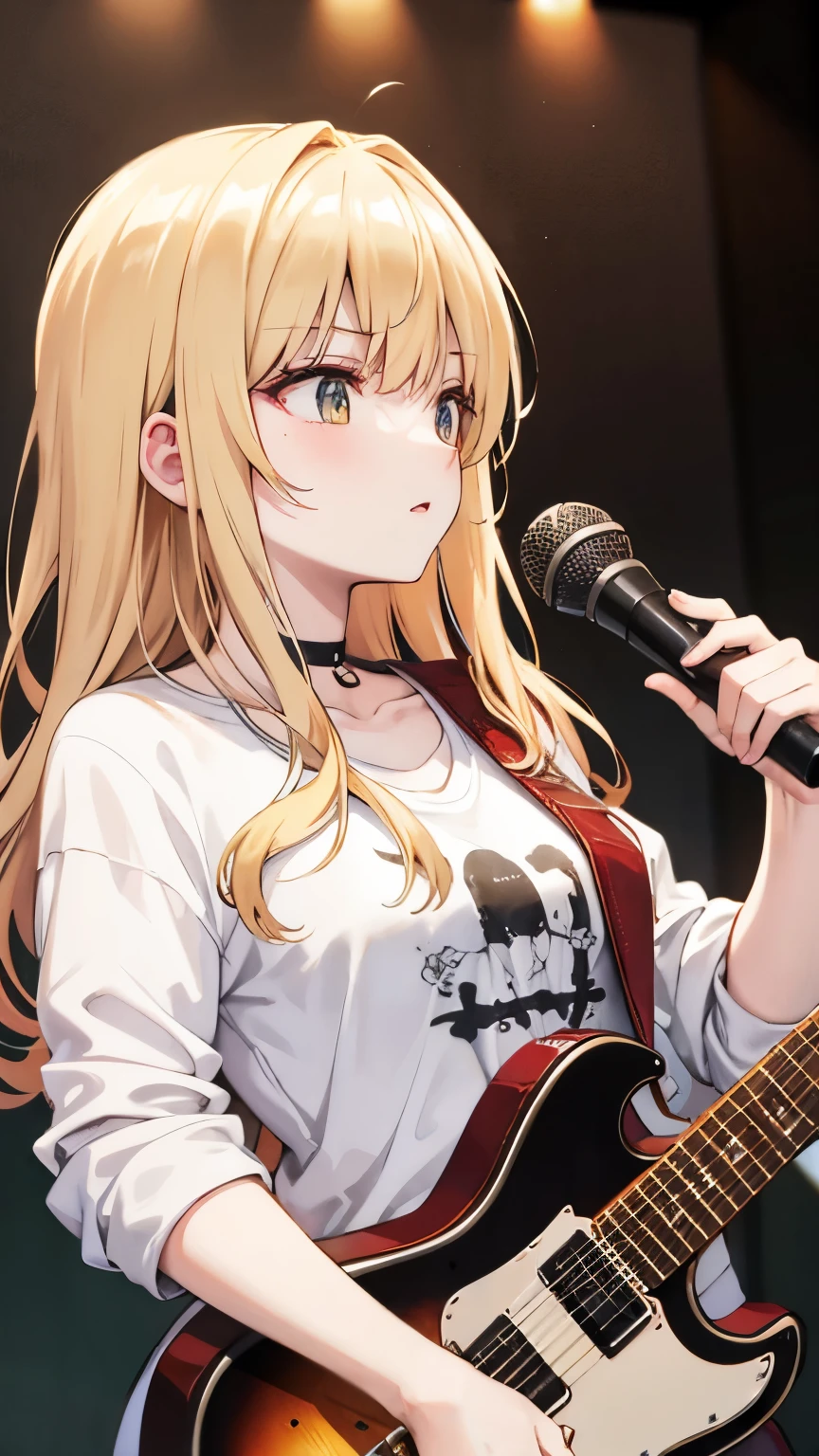 blonde hair, hair over shoulder, messy hair, masterpiece, (textured skin), best quality, gorgeous adult woman, (Rock band guitarist), T-shirt, leisure jacket, choker, (electric guitar), Fender, (at Live venue)
