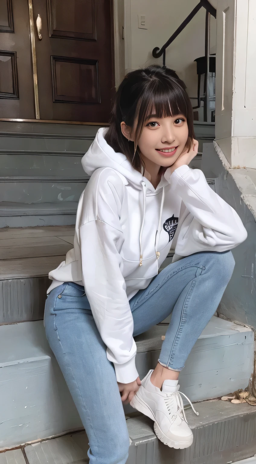 highest quality, Realistic, Very detailed, Finer details, High resolution, 8k wallpaper, One beautiful woman,Sit on the stairs、（Wear black socks）smile、（Beautiful teeth alignment、）（Gums are visible） Oversized hoodie, Skinny jeans,（ Black sneakers）、Black Hair、 Beautiful Bangs、ear piercing、Perfect dynamic composition, Beautiful and detailed, Full Body Shot, A big smile waiting to start 
