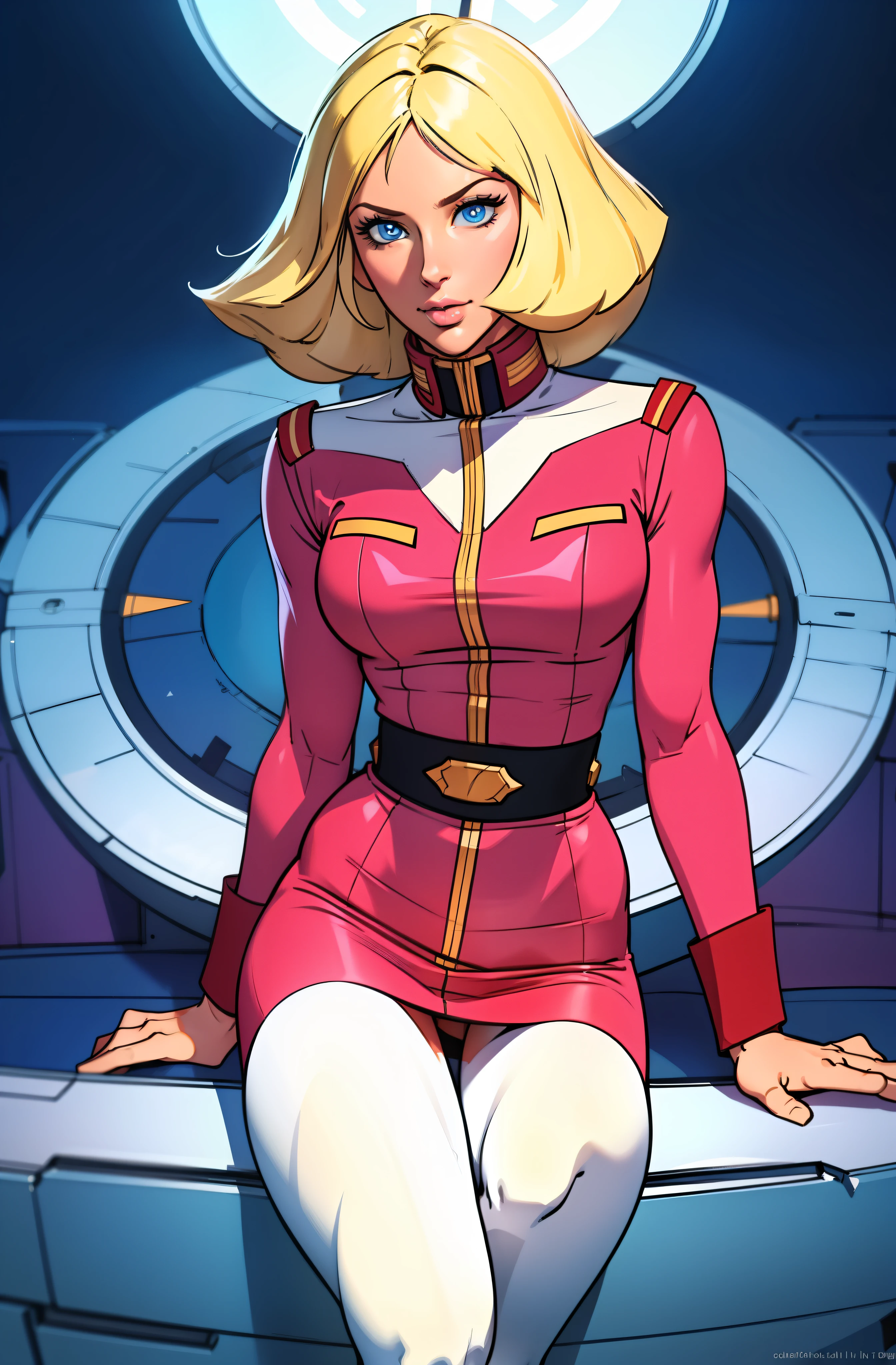 ((masterpiece)), ((cinematic lighting)), realistic photo、Real Images、Top image quality、1girl in, sayla mass, Elegant, masterpiece, Convoluted, slim arms, wide hips, thick thighs, thigh gaps, Best Quality, absurderes, high face detail, Perfect eyes, , Cowboy Shot, , Vibrant colors, soft pink uniform, soft pink Skirt, white tights