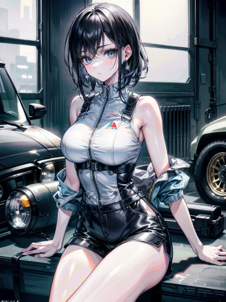 whole body, mechanic's jumpsuit, absurdres, RAW photo, extremely delicate and beautiful, masterpiece, Best Quality, ultra high resolution, 32k, hyperrealistic, ultra-detailed, detailed description, pale skin, 20 years old, detailed beautiful face and eyes, tearful mole, earring, Colossal tits, short medium hair, wavy hair, shorts,