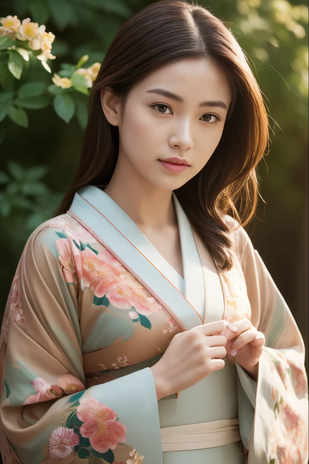 (masutepiece:1.2), ultra-detailliert, 超A high resolution, (Realistic, photographrealistic:1.37), high-definition RAW color photography, professional photograpy, extremely delicate and beautiful, Extremely detailed, 8K Wallpaper, amazing, finely detail, Huge file size, highly detailed beautiful girl, extra detailed face, extremely detailed eye, highlydetailed skin, extremely detailed fingers, highly detailed nose, highly detail mouth, Perfect Anatomy, Highly detailed background, (a famous actress of Japan:1.2), Brown hair, Tanned skin, (gals:1.3), Cinematic lighting, (Full body:1.3), (Floral kimono:1.3),