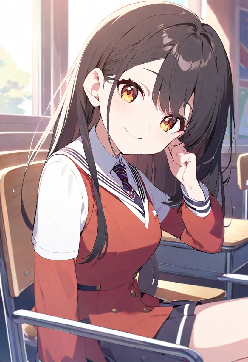 Cute girl in anime style　Wearing a uniform　Her hair is long and black.　sitting in the chair next to me　Look at this and smile　The background is the classroom　