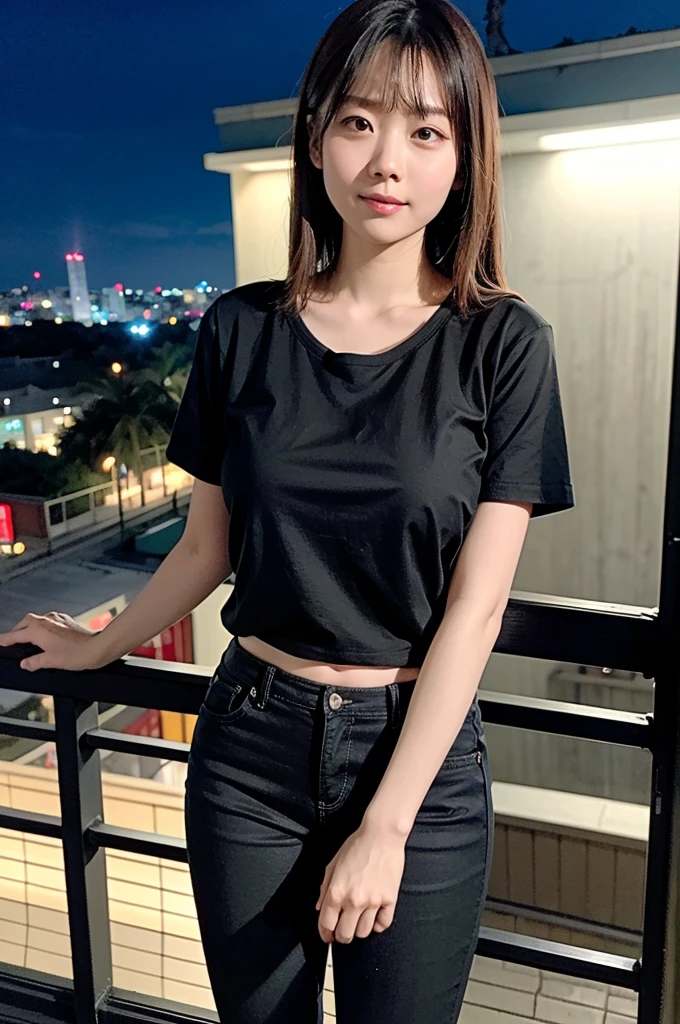 best quality, 8k, highly detailed face and skin texture, high resolution, big tits cute japanese girl in black t-shirt and short jeans pant stand on balcony at night, under neon light, full body, sharp focus