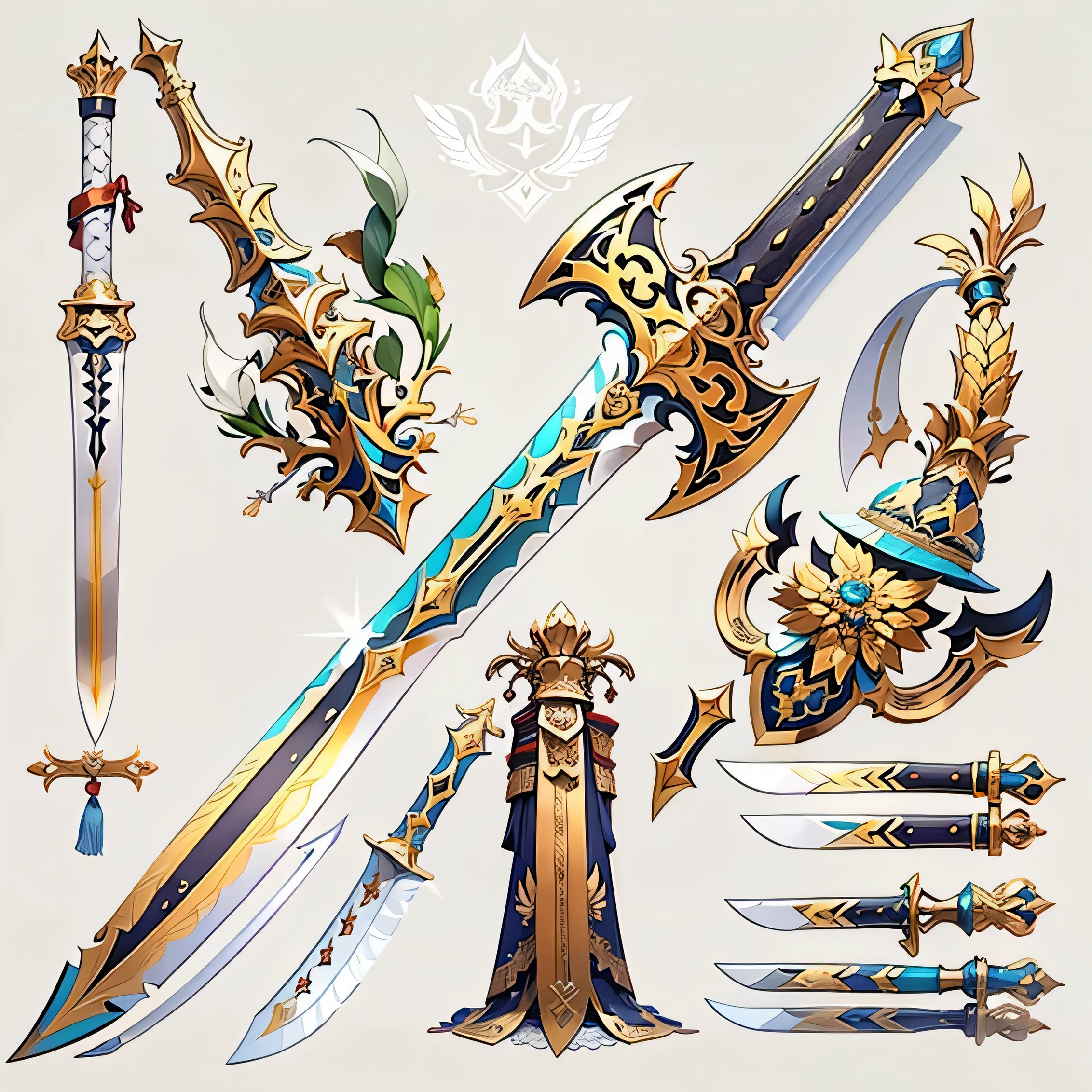 (((best quality))), (((masterpiece))), Weapons to be included in the Weapon Encyclopedia, Two-handed sword, big knife, oriental weapons, white background, Crisp Lines, Colorful colors,