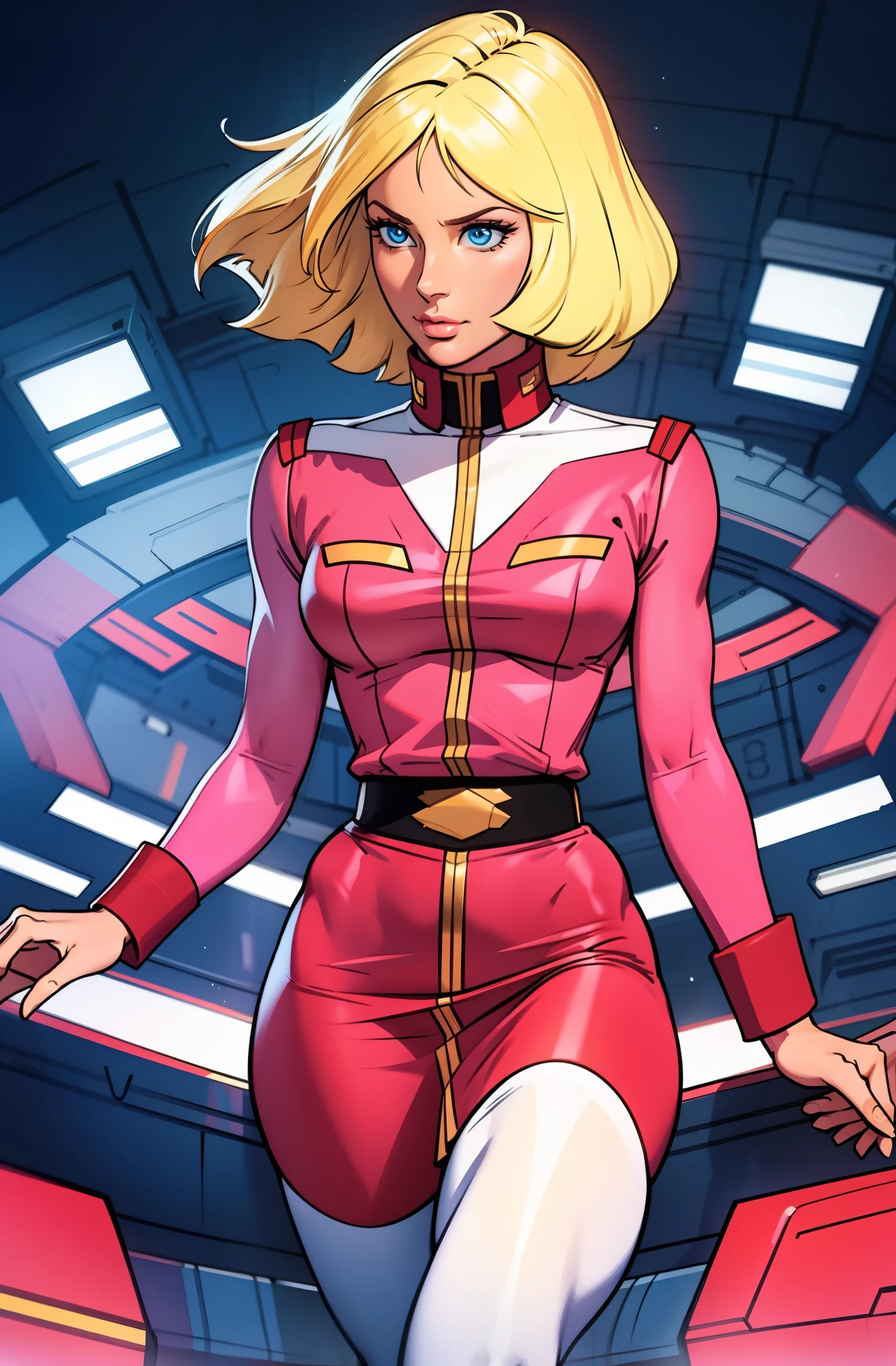 ((masterpiece)), ((cinematic lighting)), realistic photo、Real Images、Top image quality、1girl in, sayla mass, Elegant, masterpiece, Convoluted, slim arms, wide hips, thick thighs, thigh gaps, Best Quality, absurderes, high face detail, Perfect eyes, mature, Cowboy Shot, , Vibrant colors, soft pink uniform, soft pink Skirt, white tights