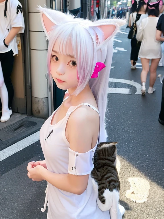 (((Hands on the side of the body)))、()、(White tank top、hort sleeve)、Are standing、(((((Cat ears、Tokyo city street、