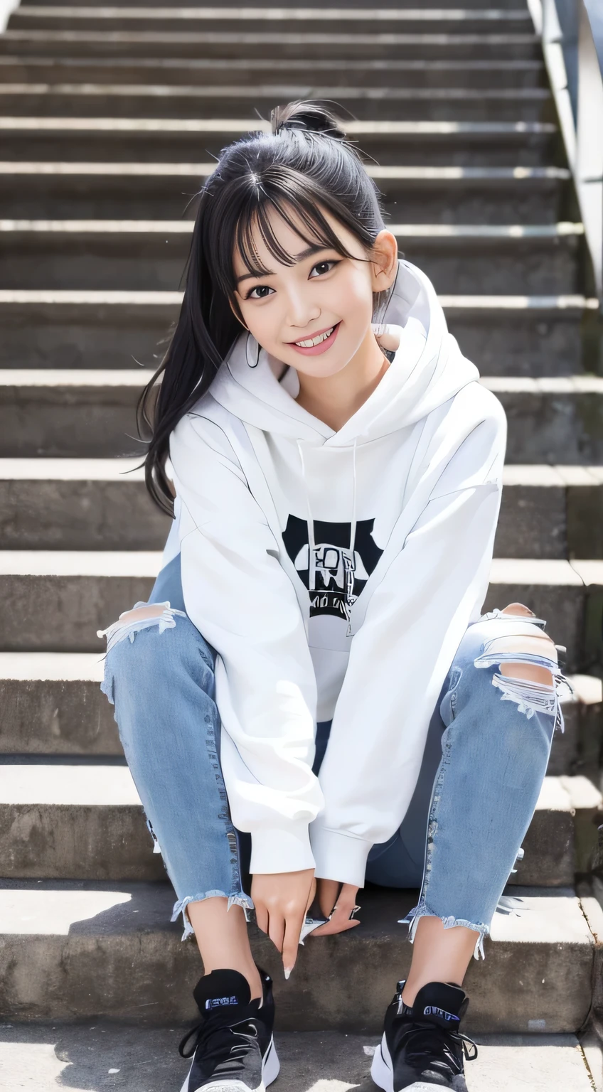 highest quality, Realistic, Very detailed, Finer details, High resolution, 8k wallpaper, One beautiful woman,Sit on the stairs、（Wear black socks）smile、（Beautiful teeth alignment、）（Gums are visible） Oversized hoodie, Skinny jeans,（ Black sneakers）、Black Hair、 Beautiful Bangs、ear piercing、Perfect dynamic composition, Beautiful and detailed, Full Body Shot, A big smile waiting to start 
