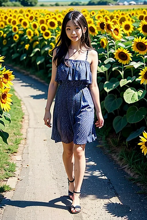 a beautiful japanese girl, 8k, super detail, best quality, masterpiece, (photorealistic:1.4), (Walking empty-handed through a sunflower field), (Summer Dresses), (full body:1.5), (long hair), 1 girl, solo, first-person view