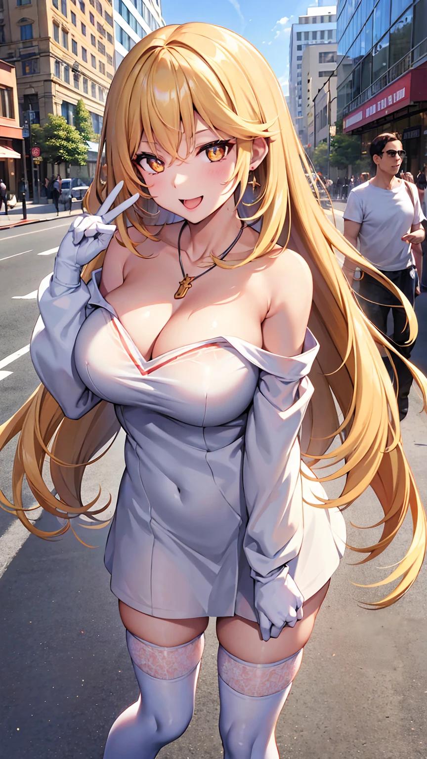 masterpiece, best quality, highres, hmmisaki, long hair, symbol-shaped pupils, +_+, large breasts, white gloves, elbow gloves, white thighhighs, smile,　Earrings, necklace, clavicle, Off the shoulder, Sweater dress, Long sleeve, Black knee socks, street, Are standing, Cowboy Shot, smile, wave hands, Open your mouth,  In town　　　　(Large Breasts:1.4)　　Thin legs　Walking through the city cleavage　　Normal chest　　smile　Beautiful Hair　　Looks fun　　On a date+++　　Dating clothes:1.4. Niconico++ Dating boys:2 Men and women:1.5 　　Private Server++　