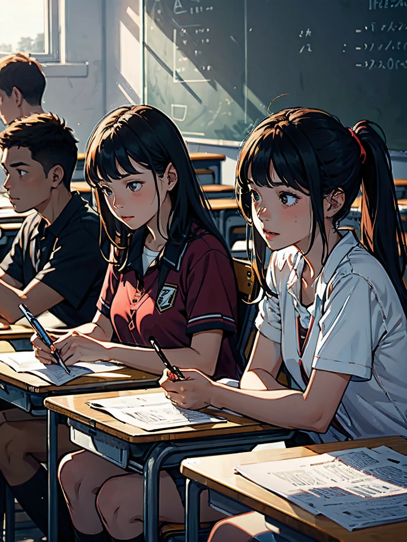 A group of students sat in a classroom, both male and female, close up