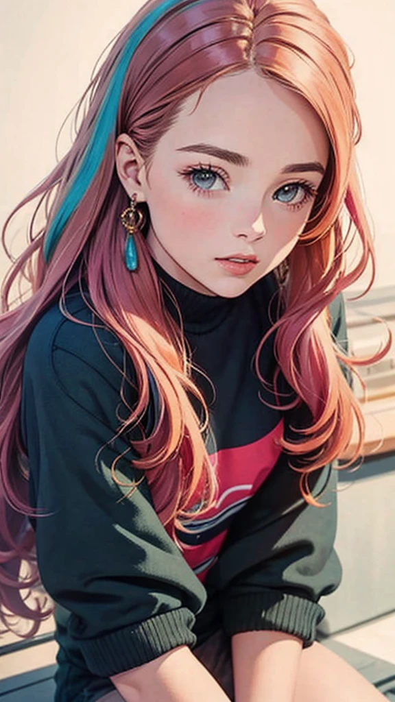 A beautiful young woman, combination of Erin Moriarty:0.7, joey king:0.5, sydney sweeney:0.4 full body portrait, line art, high-quality ink drawing, ultra-detailed, realistic shading, vibrant colors, elegant posture, hanging out, vivid colors, flat image, Looking at the viewer in hip-hop style streetwear, different, colorfull, long, highly colored hair 🌈