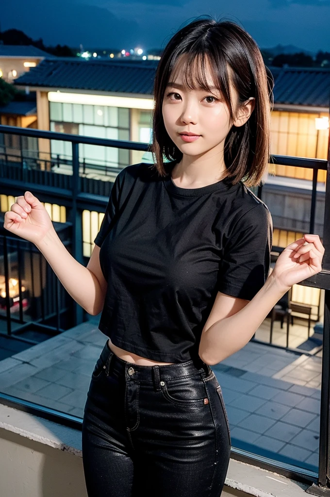 best quality, 8k, highly detailed face and skin texture, high resolution, big tits cute japanese girl in black t-shirt and short jeans pant stand on balcony at night, under neon light, full body, sharp focus