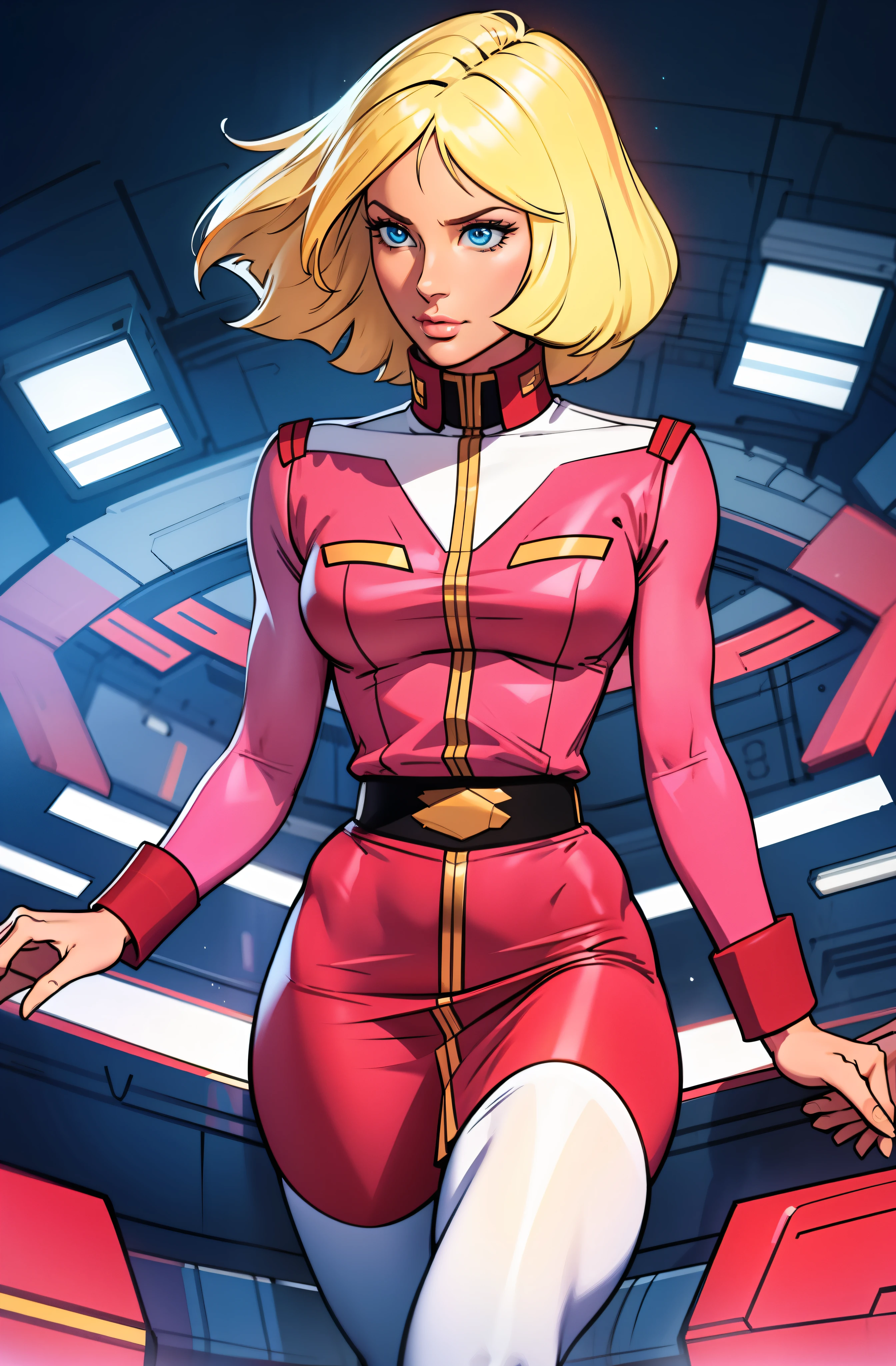 ((masterpiece)), ((cinematic lighting)), realistic photo、Real Images、Top image quality、1girl in, sayla mass, Elegant, masterpiece, Convoluted, slim arms, wide hips, thick thighs, thigh gaps, Best Quality, absurderes, high face detail, Perfect eyes, mature, Cowboy Shot, , Vibrant colors, soft pink uniform, soft pink Skirt, white tights