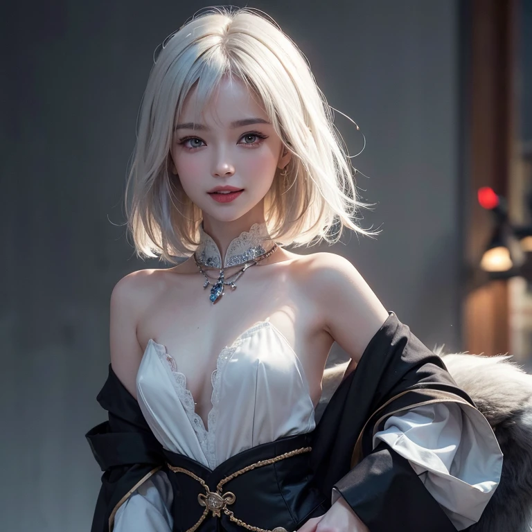 Dark ambiance,Mid century london inthe background、white wolf、 ((highest quality、masterpiece、8k、best image quality、ultra high resolution、Award-winning work)、(accurate anatomy:1.1)、(look at me and smile:1.1)、Shining fair skin with ultra high resolution、most detailed face、ultra high resolution detailed face、white short hair flowing 、Beautiful face drawn in every detail、(blurred background:1.1)、traditional Georgia man costume, tiny breast, real wolf beside the girl 