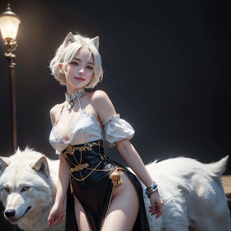 Dark ambiance,Mid century london inthe background、white wolf、 ((highest quality、masterpiece、8k、best image quality、ultra high resolution、Award-winning work)、(accurate anatomy:1.1)、(look at me and smile:1.1)、Shining fair skin with ultra high resolution、most detailed face、ultra high resolution detailed face、white short hair flowing 、Beautiful face drawn in every detail、(blurred background:1.1)、traditional Georgia man costume, tiny breast, real wolf beside the girl 