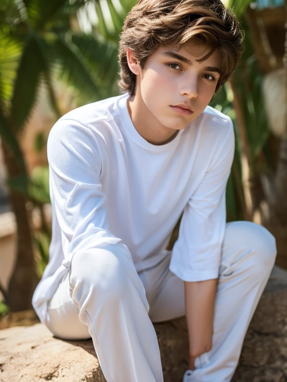 A 14 year old boy, hermoso, facciones finas, rasgos lindos, rasgos europeos, piel blanca, ojos azules, light brown hair, mirada triste y pensativa, pecho agradable desnudo y definido, toples, piernas fuertes musculosas desnudas, masculino