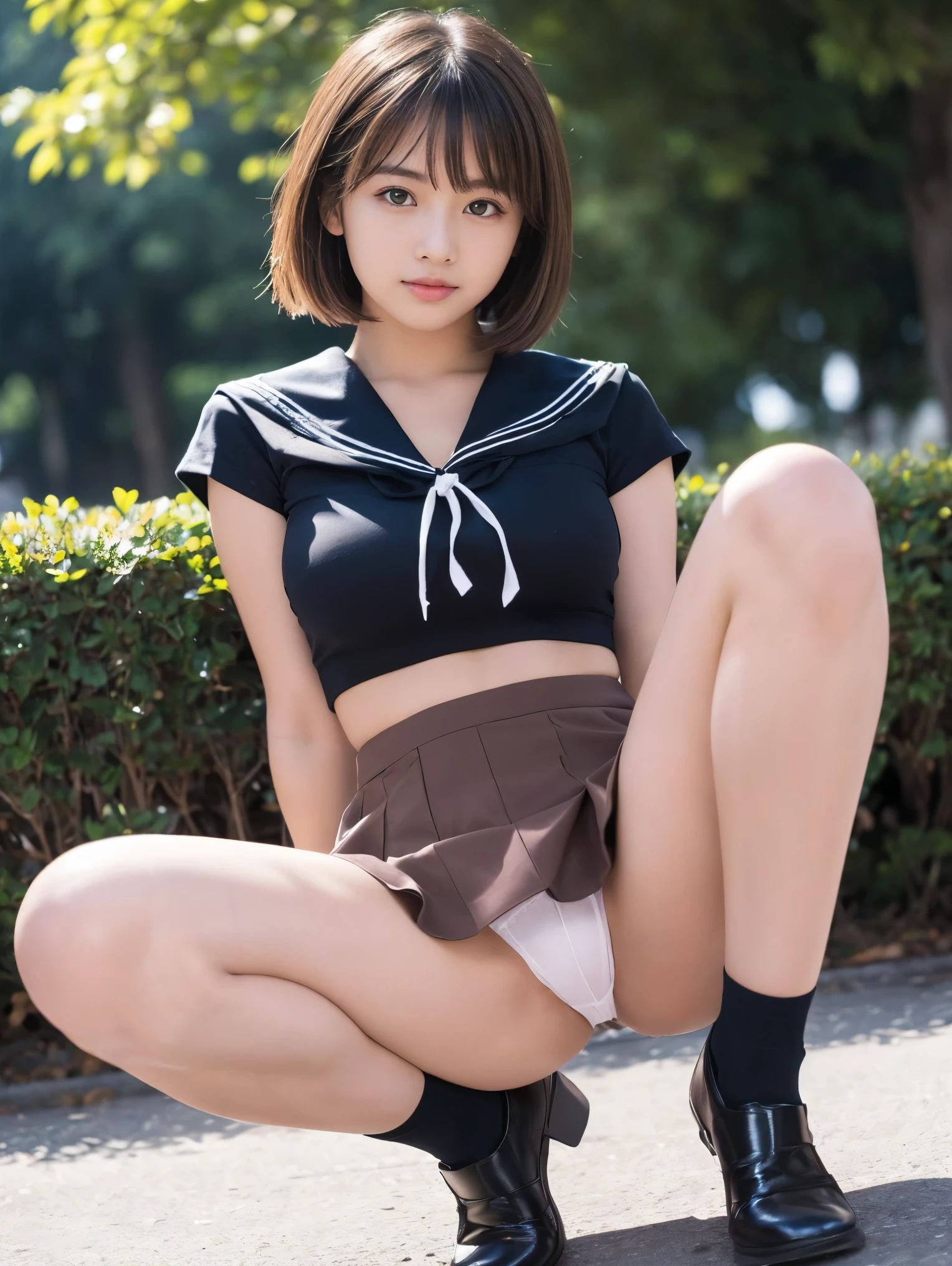 In 8K,highest quality,The real picture,Intricate details,超A high resolution,Depth Field,Masseter muscle area,Natural soft light,Professional Lighting,1 girl,(cute:1.2),Very beautiful girl,Detailed Eyes,((Brown eyes)),(Brown Hair),(Short-haired),(Skin without bangs,Glowing Skin,Pure white skin,Fine skin,Big and ample breasts,((Perfect Anatomy,Nice hands,Perfect hands,Five fingers connected to the palm))Her panties slipped to the side、I can see her.,,Perfect bare legs,((Thighs))、Delicate legs,Perfect proportions,Sexy,Big breasts are visible,((sailor uniform super mini skirt)),(tie),Black socks,Black leather shoes,Crouched deep within the city,I can see the crotch,Show me your panties in the park,Both legs are bent,Spread your legs wide,I can see your white panties,Watching the audience