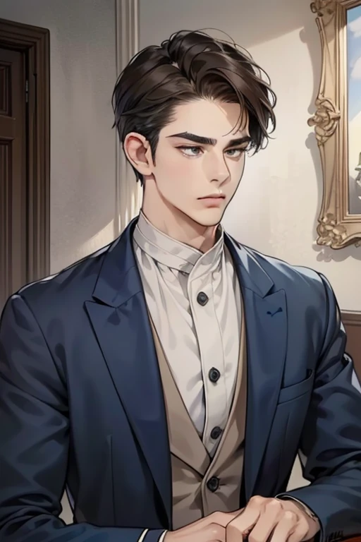 masterpiece, best quality, realistic, 1man, mature male, quiet and charming young man, 18 years old, look serious, closed mouth, portrait, extremely detailed face, soft smile, ((dark grey eyes)), ((short-left-swept dark brunette hair)), [thick eyebrows], dining room ((blue suit))