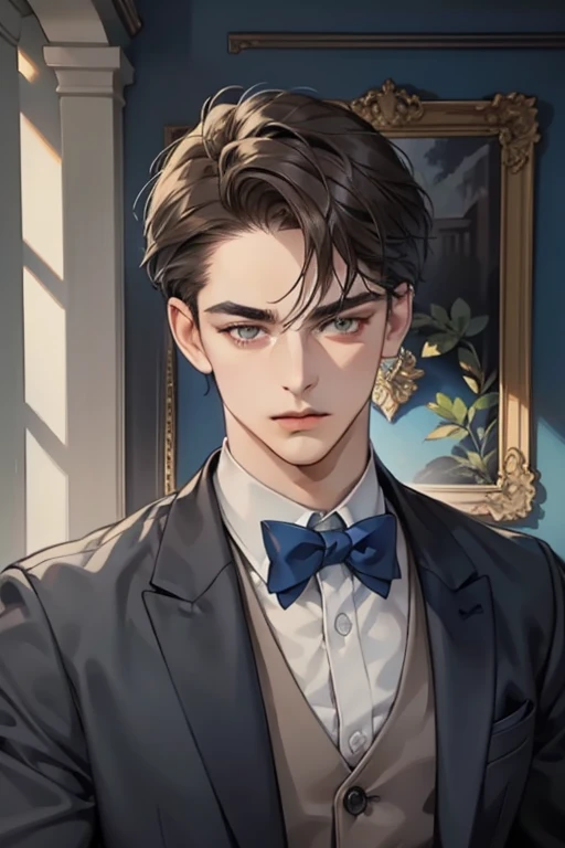 masterpiece, best quality, realistic, 1man, mature male, quiet and charming young man, 18 years old, look serious, closed mouth, portrait, extremely detailed face, soft smile, ((dark grey eyes)), ((short-left-swept dark brunette hair)), [thick eyebrows], dining room ((blue suit))
