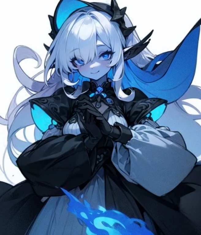 Masterpiece, best quality, expressive eyes, perfect face, 1girl, solo, long hair, puffy sleeves, simple background, white background, looking at viewer, blue fire, white hair, very long hair, smile, breasts, gloves, blue skin, colored skin, hair over one eye, monster girl, dress, covered, blue eyes, black gloves, see-through, heart, fire 