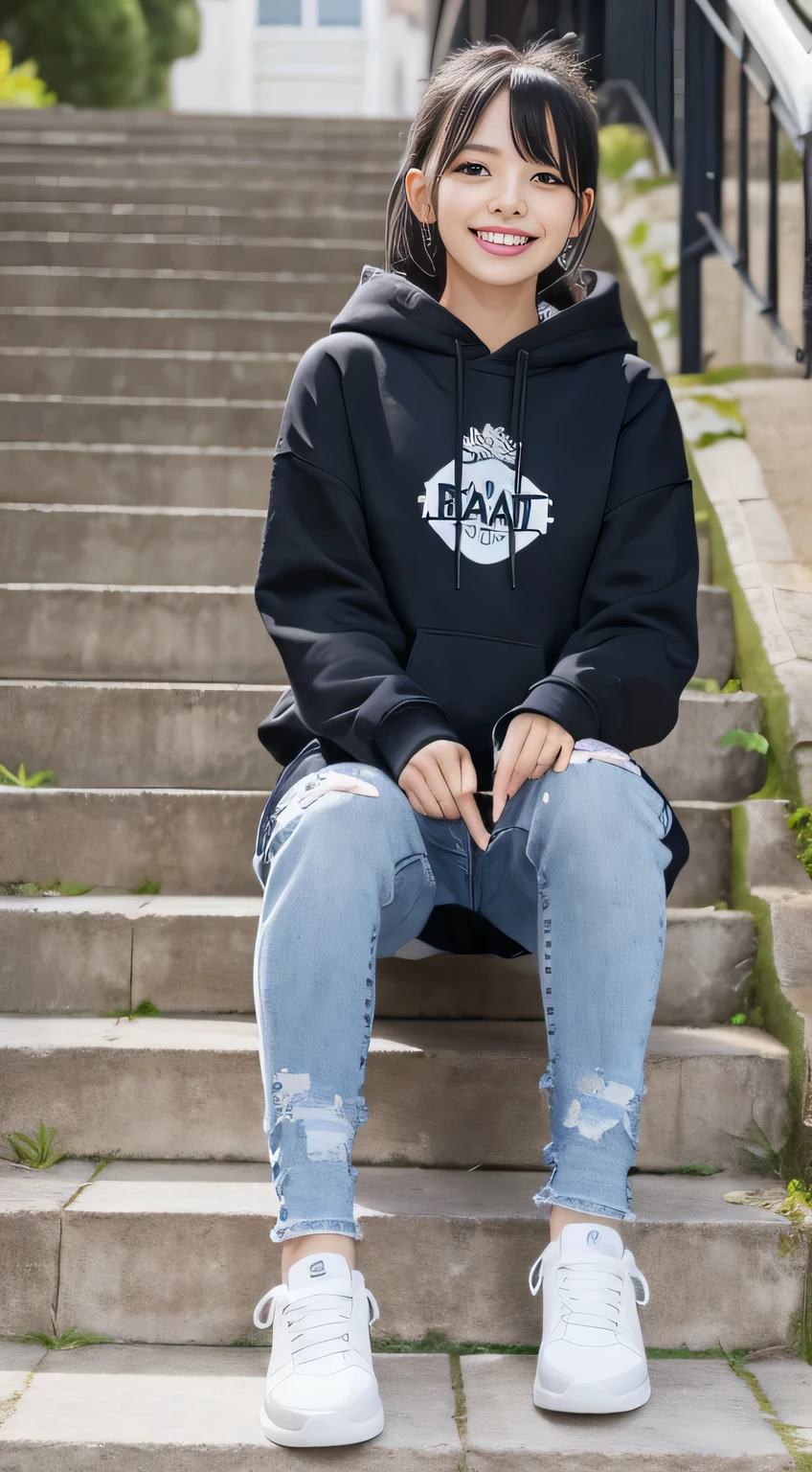 highest quality, Realistic, Very detailed, Finer details, High resolution, 8k wallpaper, One beautiful woman,Sit on the stairs、(Wear black socks)smile、(Beautiful teeth alignment、)(Gums are visible) Oversized hoodie, Skinny jeans,( Black sneakers)、Black Hair、 Beautiful Bangs、ear piercing、Perfect dynamic composition, Beautiful and detailed, Full Body Shot, A big smile waiting to start