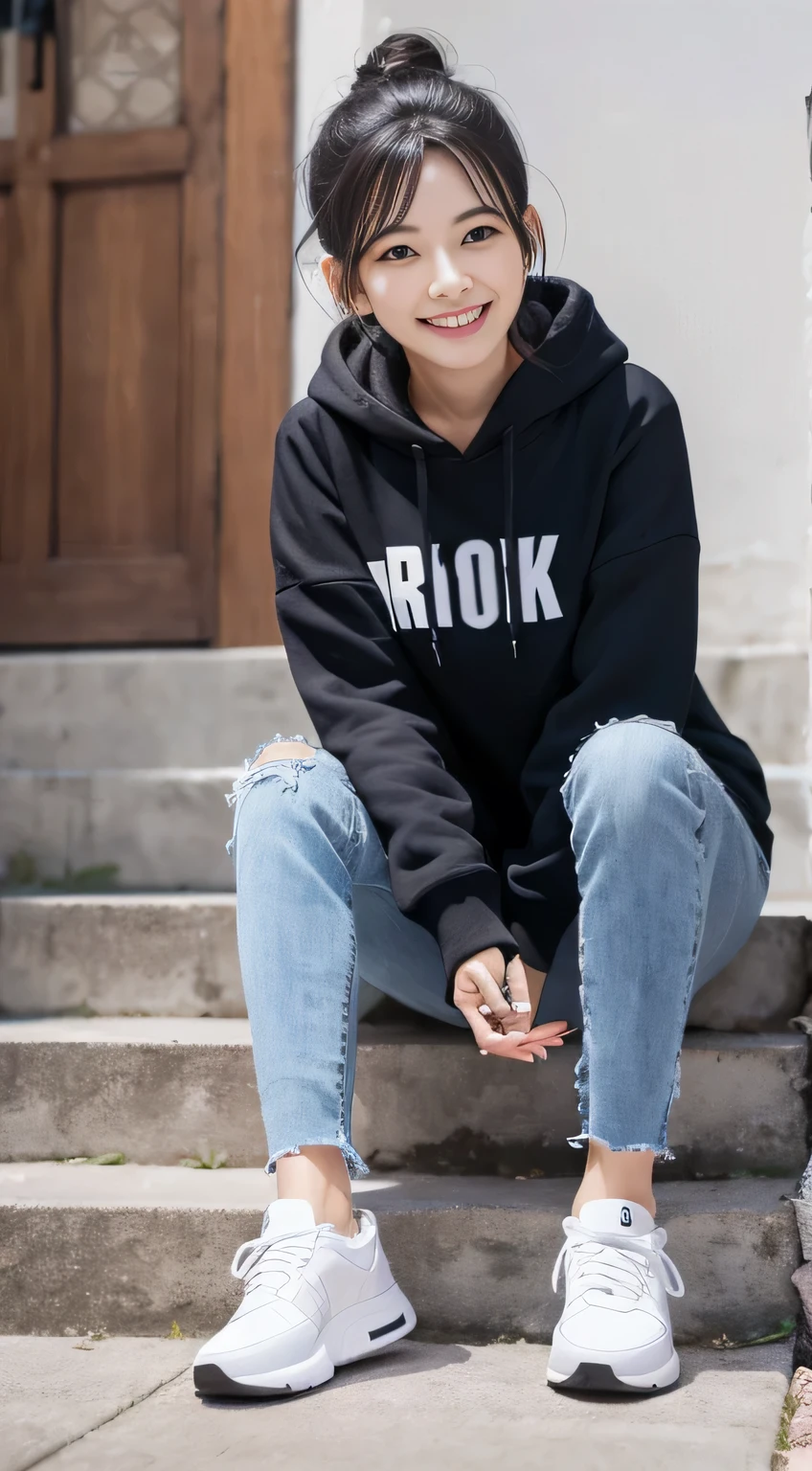 highest quality, Realistic, Very detailed, Finer details, High resolution, 8k wallpaper, One beautiful woman,Sit on the stairs、(Wear black socks)smile、(Beautiful teeth alignment、)(Gums are visible) Oversized hoodie, Skinny jeans,( Black sneakers)、Black Hair、 Beautiful Bangs、ear piercing、Perfect dynamic composition, Beautiful and detailed, Full Body Shot, A big smile waiting to start