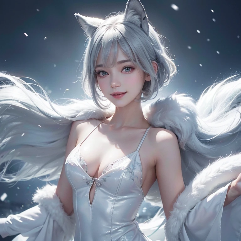 snowing mountain、dance wirh wolf head man、 ((highest quality、masterpiece、8k、best image quality、ultra high resolution、Award-winning work)、(accurate anatomy:1.1)、(look at me and smile:1.1)、Shining fair skin with ultra high resolution、most detailed face、ultra high resolution detailed face、white short hair flowing 、Beautiful face drawn in every detail、(blurred background:1.1)、 Inuit fur clothing, tiny breast,