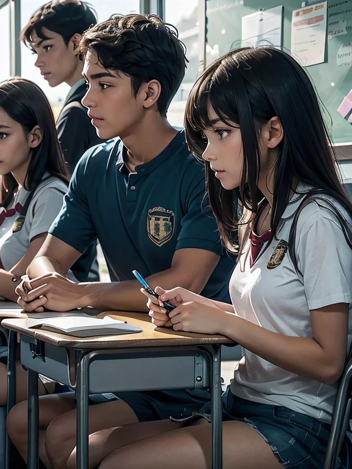 A group of students sat in a classroom, both male and female, close up
